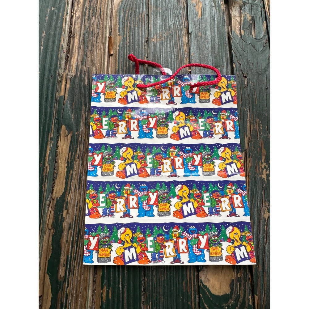 Vintage Sesame Street Christmas Gift Bag Big Bird Elmo Cookie Monster Holiday